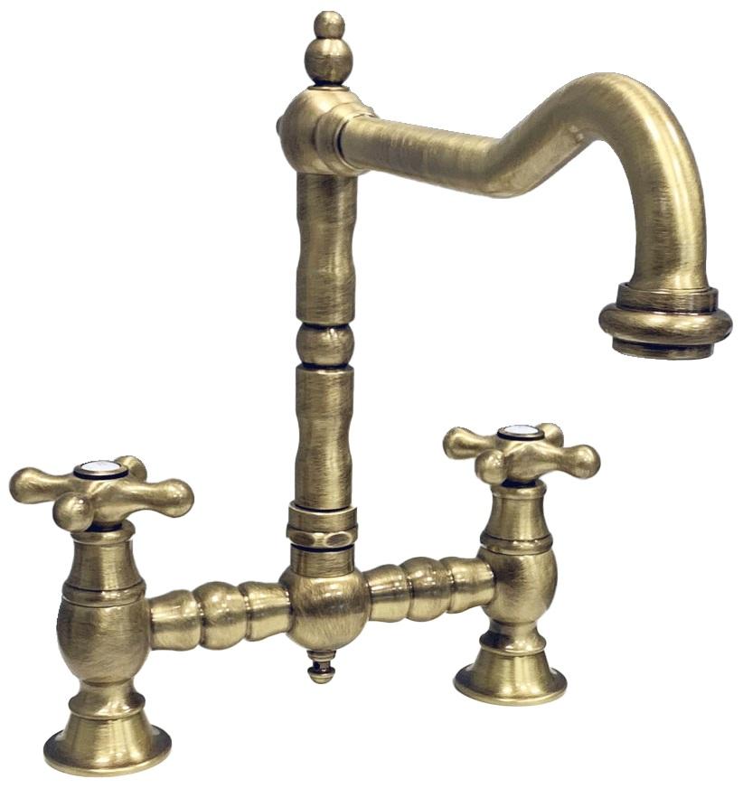 PB Rubinetto da cucina a ponte nostalgico in bronzo con beccuccio angolato e manopole  a stella PBN.BRO.H.ST - Productafbeelding