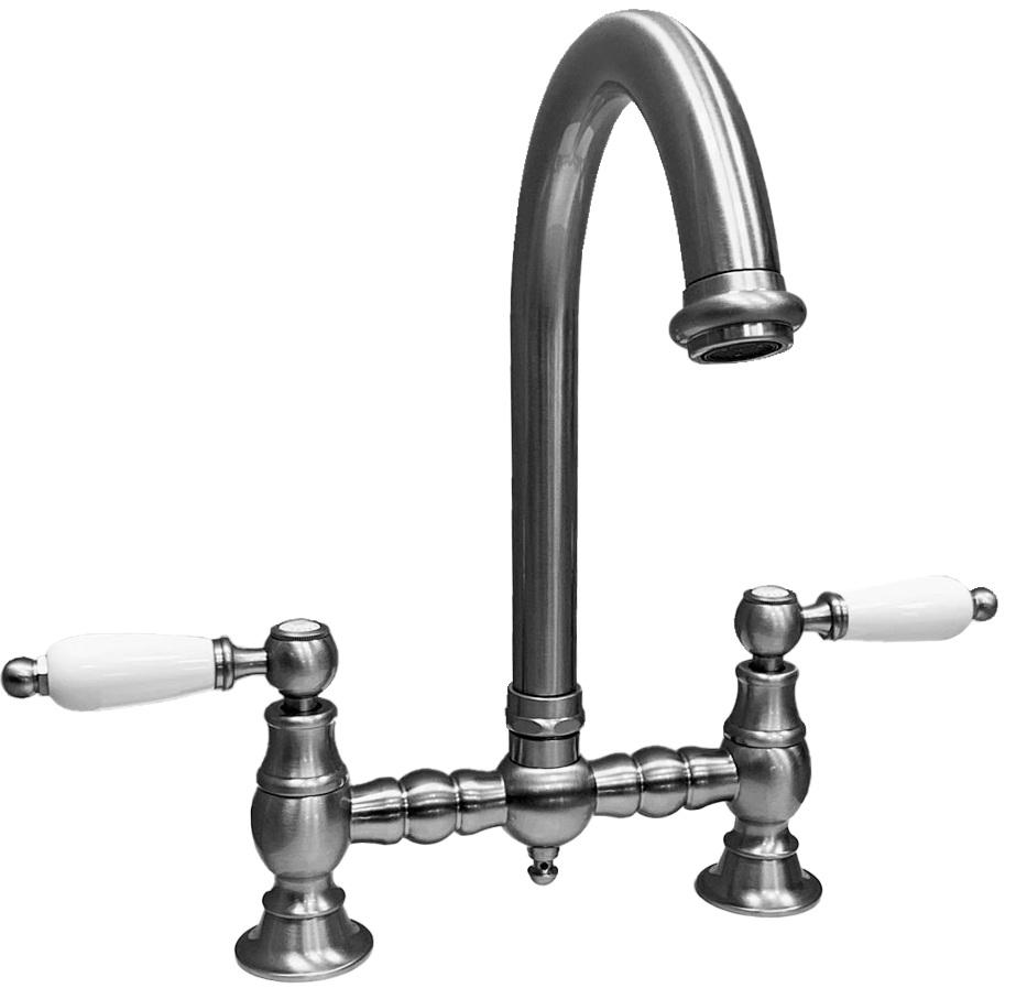 PB Rubinetto da cucina nostalgico a ponte in acciaio inossidabile, beccuccio rotondo e manopole bianche PBN.RVS.R.WH - Productafbeelding