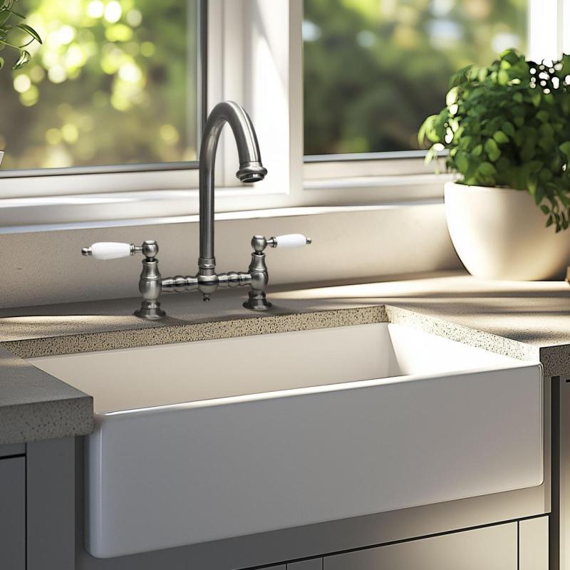 PB Rubinetto da cucina nostalgico a ponte in acciaio inossidabile, beccuccio rotondo e manopole bianche PBN.RVS.R.WH