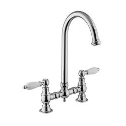 PB Rubinetto da cucina nostalgico con ponte in cromo beccuccio rotondo e manopole bianche PBN.CHR.R.WH