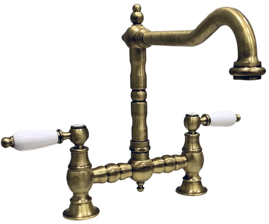 PB Rubinetto da cucina nostalgico a ponte con beccuccio angolare in bronzo e manopole bianche PBN.BRO.H.WH - Productafbeelding