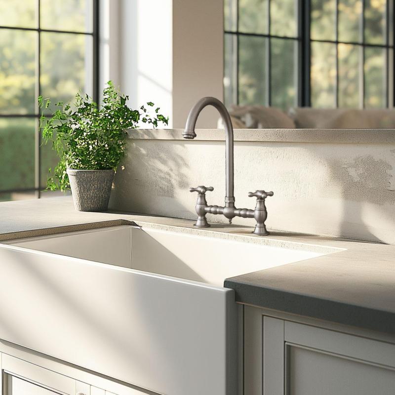 PB Rubinetto da cucina nostalgico a ponte in acciaio inossidabile con beccuccio rotondo e manopole  a stella PBN.RVS.R.ST