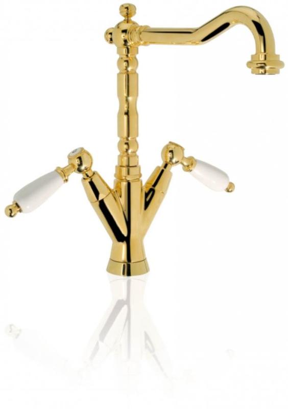 PB Rubinetto classico per lavabo con leve bianche e beccuccio lungo 18,5 cm Cromo 1208854292