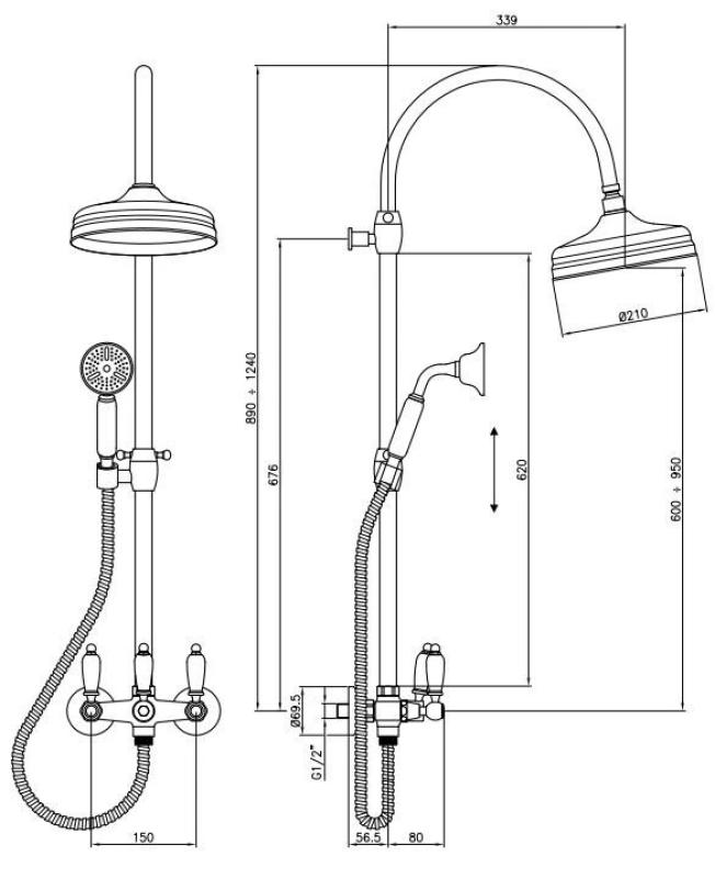PB Classic Set doccia a parete con colonna doccia telescopica e soffione a pioggia in acciaio inossidabile 1208854892