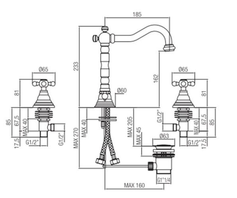 PB Rubinetto classico per lavabo a 3 fori con manopole a stella e beccuccio 18,5 cm Cromo 1208854922