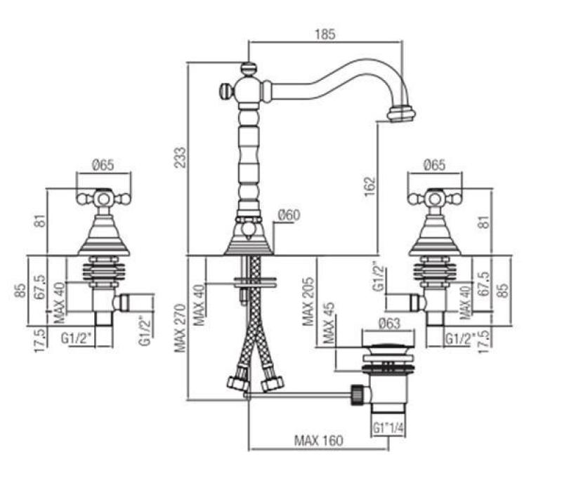 PB Rubinetto classico per lavabo a 3 fori con manopole a stella e beccuccio 18,5 cm acciaio inossidabile 1208854952
