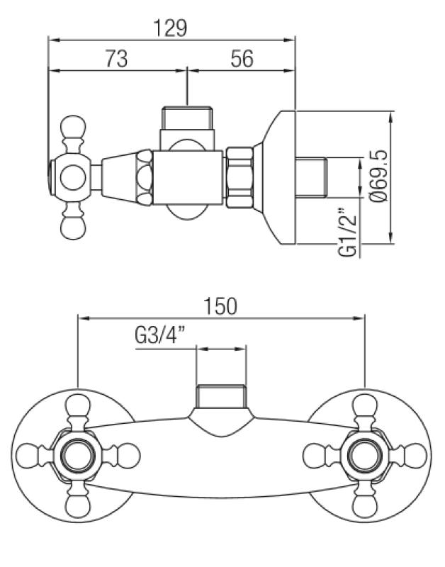 PB Classic Miscelatore per doccia a parete con manopole a stella bronzo collegamento superiore 1208855312