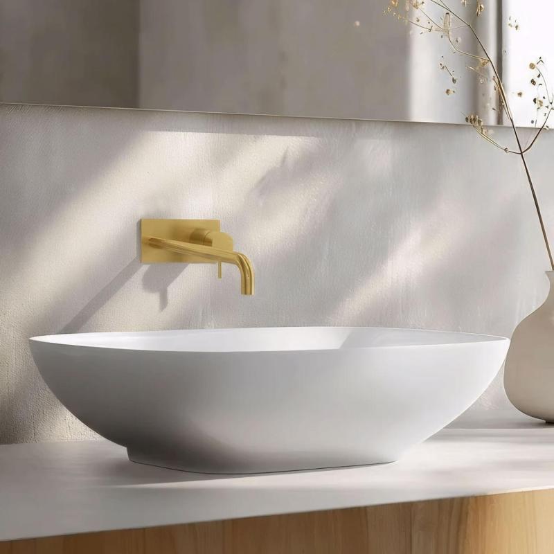 Rubinetto da lavabo da incasso Watervolution Flow con placca di copertura in ottone spazzolato con bocca di erogazione da 15 cm T1161LE-15