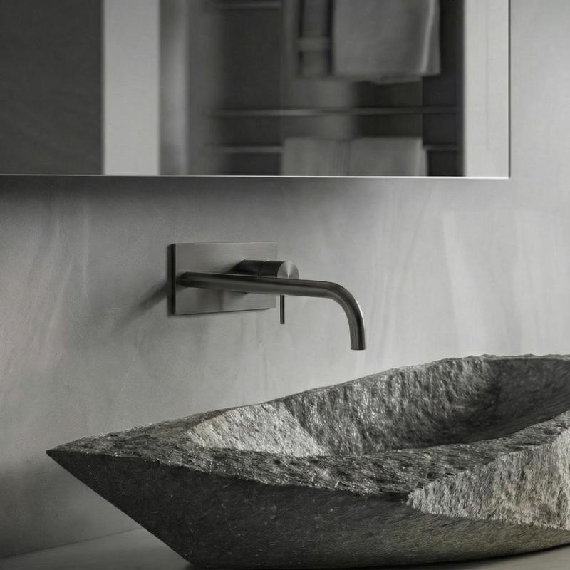 Waterevolution Flow Miscelatore per lavabo ad incasso con piastra di copertura PVD Gun Metal con beccuccio da 25cm T1161GME-25