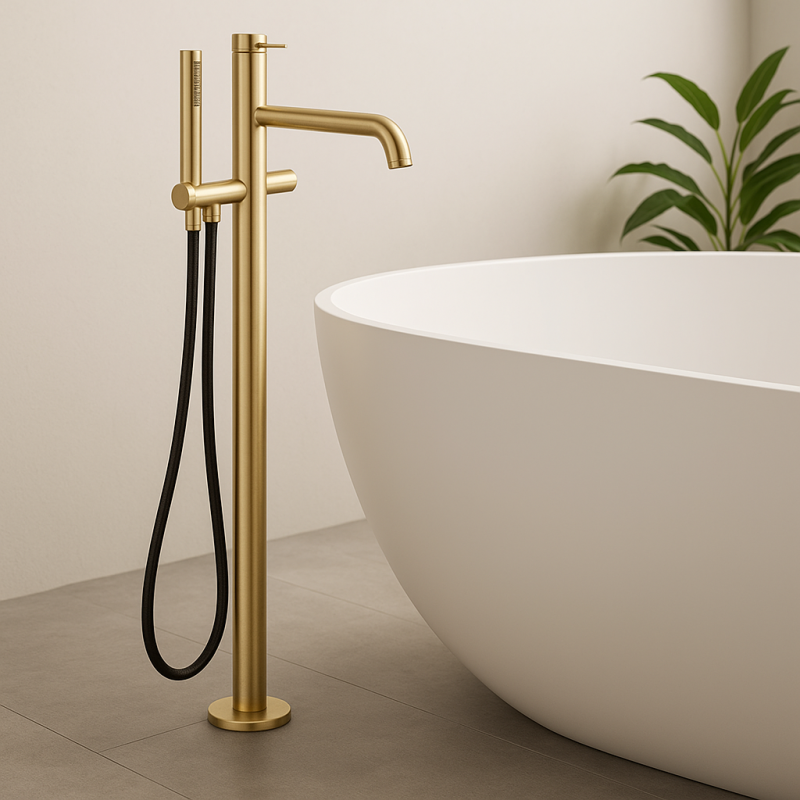 Waterevolution Flow miscelatore da bagno indipendente con doccia a mano in oro chiaro T133WGE