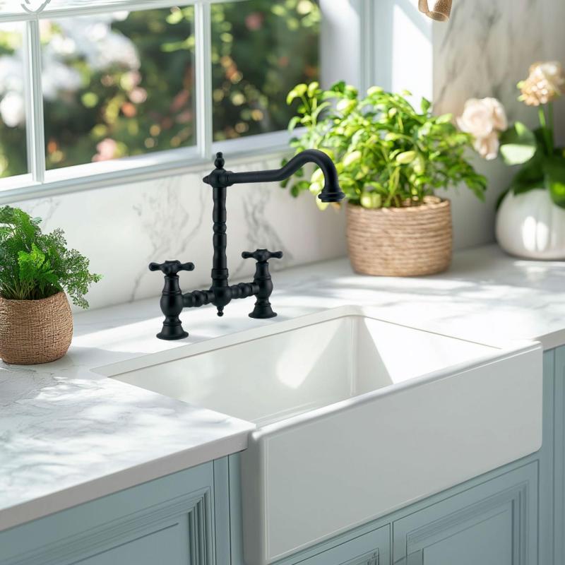 PB Bridge Rubinetto da cucina a ponte nostalgico nero opaco con uscita ad angolo con manopole robuste PBN.ZW.H.ST