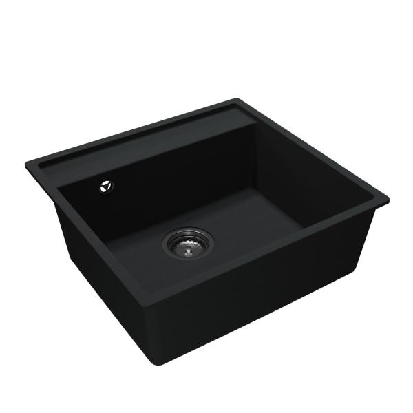 GraniteMy Bremen lavello in granito 53x50 cm nero da incasso, sottotop e filo top con piano per foro rubinetto CON TAPPO IN ACCIAIO INOX