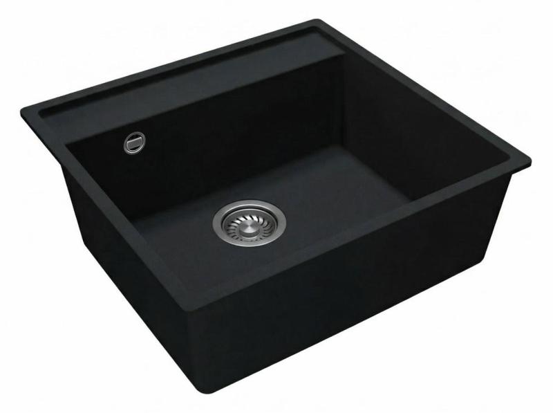 GraniteMy Bremen lavello in granito 53x50 cm nero da incasso, sottotop e filo top con piano per foro rubinetto CON TAPPO IN ACCIAIO INOX