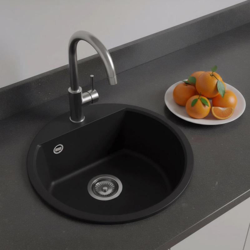 GraniteMy Bremen lavello rotondo in granito 43 cm nero sopratop e sottotop con foro per il rubinetto e tappo in acciaio inossidabile 1208953206
