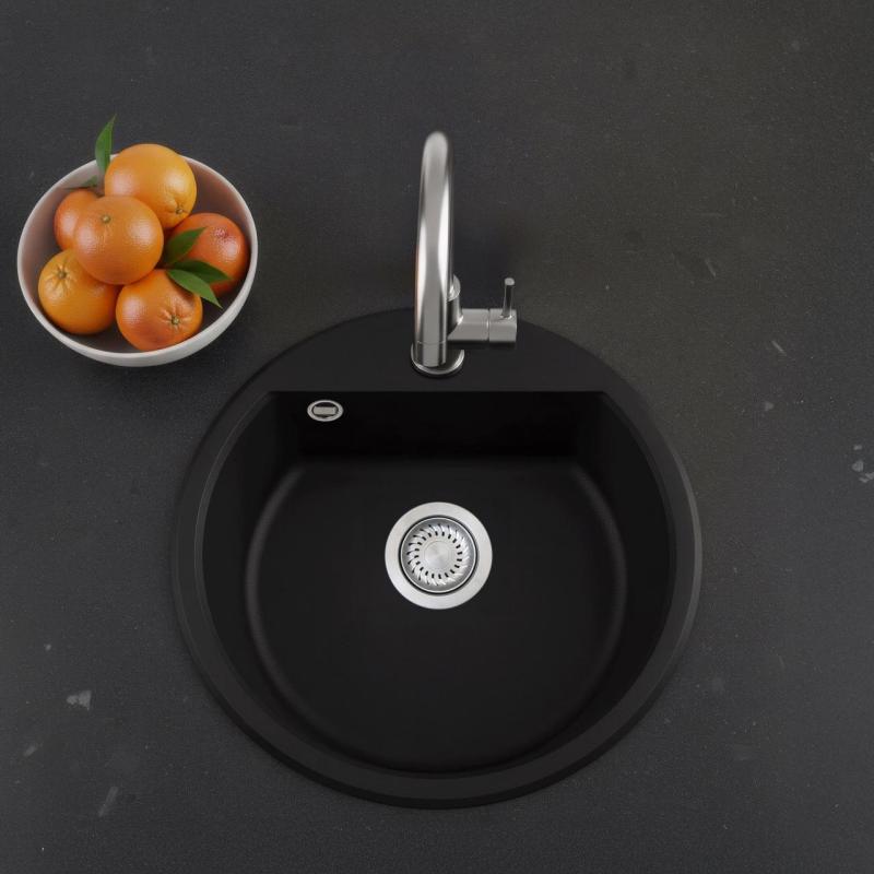 GraniteMy Bremen lavello rotondo in granito 43 cm nero sopratop e sottotop con foro per il rubinetto e tappo in acciaio inossidabile 1208953206