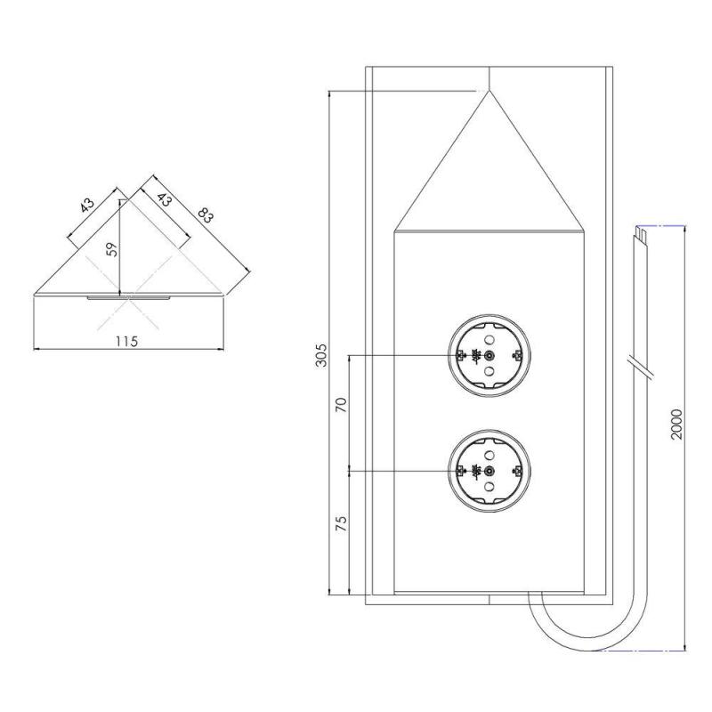 Indux Corner Colonna energetica con 2 prese di corrente con messa a terra Angolare in acciaio inossidabile 1208953220