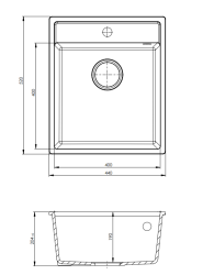 GraniteMy Bremen Lavello in Granito 44x52 cm Nero – Montaggio a Sbalzo, Sottotop e Filotop con Piano per Rubinetto e Tappo in Acciaio Inox 1208953861