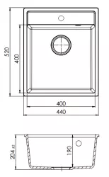 GraniteMy Bremen lavello in granito 44x52 cm nero da appoggio, sottotop e filo top con piano per rubinetto 1208953870.