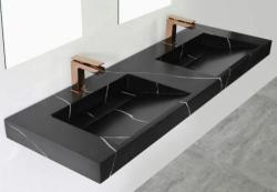 Doppio lavabo Solid-S in marmo, superficie solida, marmo nero opaco, senza foro per rubinetto, con copertura solida B180xP45xH8 1208953889.