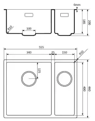 Lorreine 3415BQ-FU Lavello in quarzo nero 1,5 vasche 3415cm montaggio a filo e sotto piano nero con tappo cestello nero 1208954008