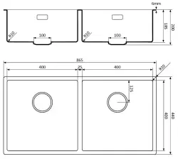 Lorreine 4040BQ-FU Lavello doppio in quarzo nero 4040cm montaggio a filo e sotto piano nero con tappo a cestello nero 1208954010