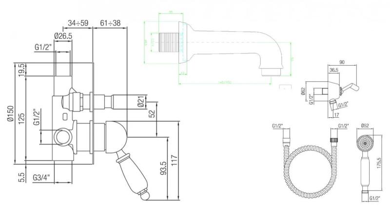 PB set da incasso per vasca nostalgica in bronzo