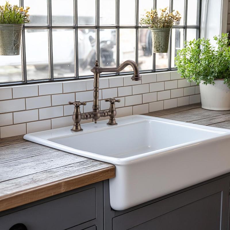 PB Rubinetto da cucina nostalgico a ponte Bronzo scuro con beccuccio angolare e manopole a stella 1208954667