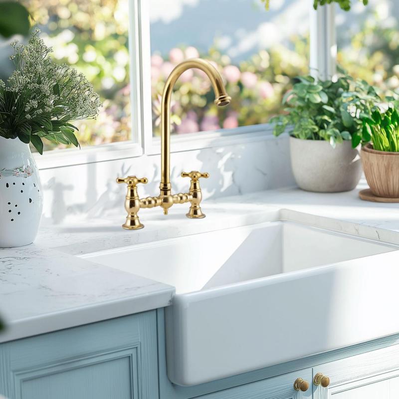 PB Rubinetto da cucina nostalgico a ponte in Ottone Natura beccuccio rotondo e manopole a stella 1208954669