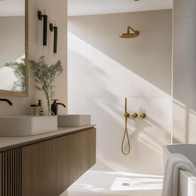 Waterevolution Flow Set doccia ad incasso con termostato soffione a pioggia e doccettain ottone spazzolato