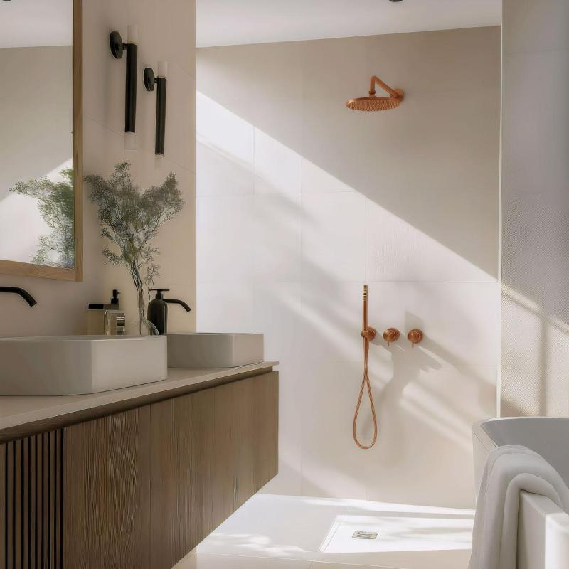 Waterevolution Flow Set doccia ad incasso con termostato soffione a pioggia e doccetta rame spazzolato PVD