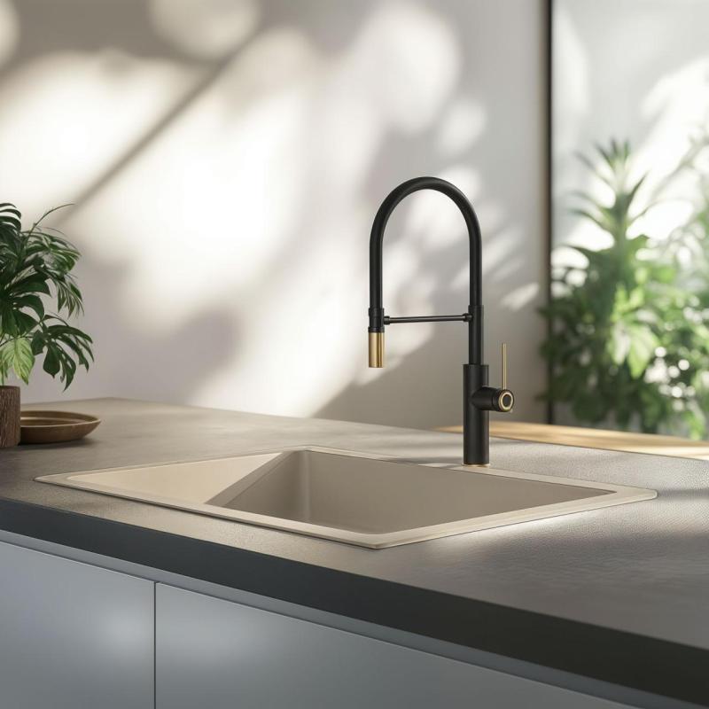 Rubinetto da cucina Quadri Retford nero con finitura dorata e beccuccio flessibile nero 1208956092.