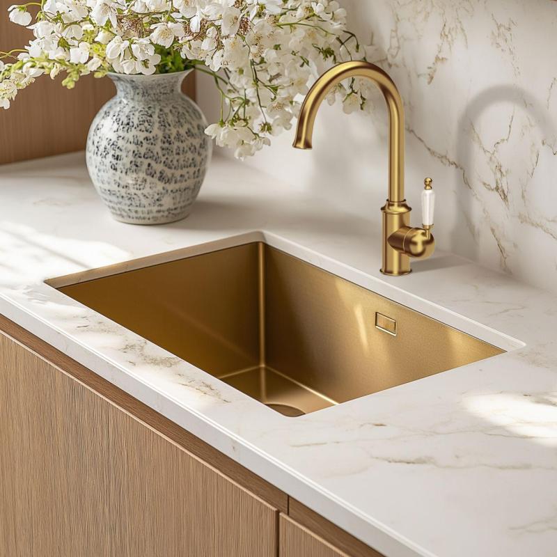 Rubinetto da cucina Quadri Workshop Classico Nostalgico in PVD dorato con maniglia in ceramica 1208956102