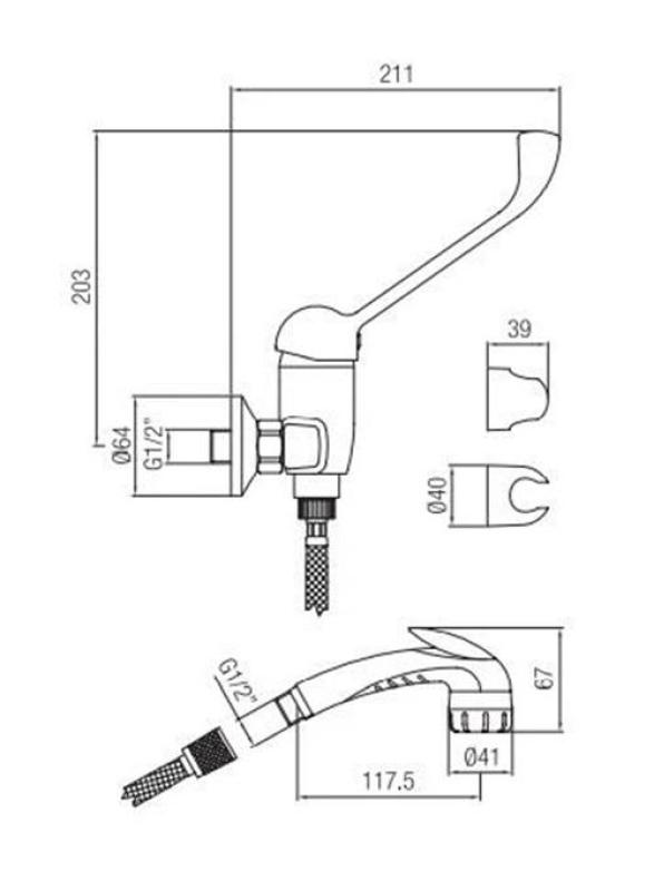 PB Clinic miscelatore per doccia per disabili con leva lunga cromata e doccia a pressione 1208956283