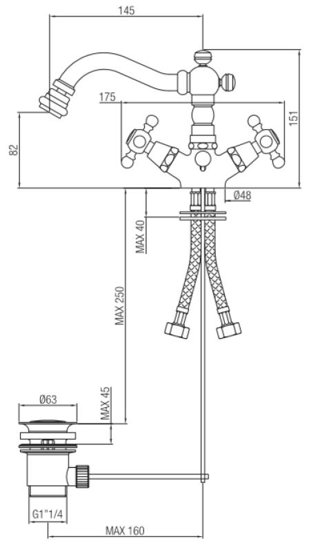 Rubinetto bidet classico PB con beccuccio da 145 mm in bronzo.