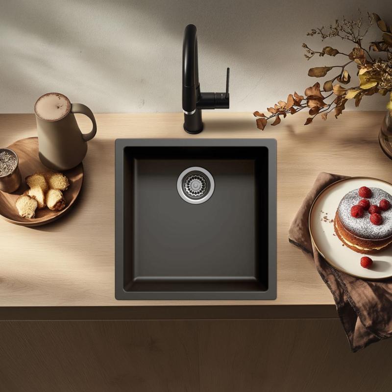 Lavello nero 40x40cm sottopiano, ad incasso e a filo con tappo in acciaio inossidabile 1208956390