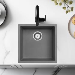 Lavello in cemento grigio 40x40cm, disponibile in versione incasso, soprapiano e a filo con tappo in acciaio inossidabile 1208956393.