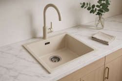 Lavello crema sabbia 40x40cm a filo sopra e sottopiano con tappo in acciaio inossidabile 1208956394
