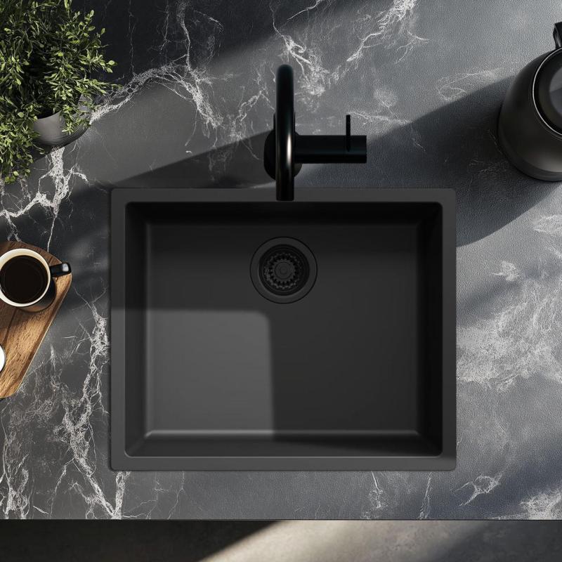 Lavello nero 50x40cm sottopiano, a incasso e a filo con tappo nero 1208956396.