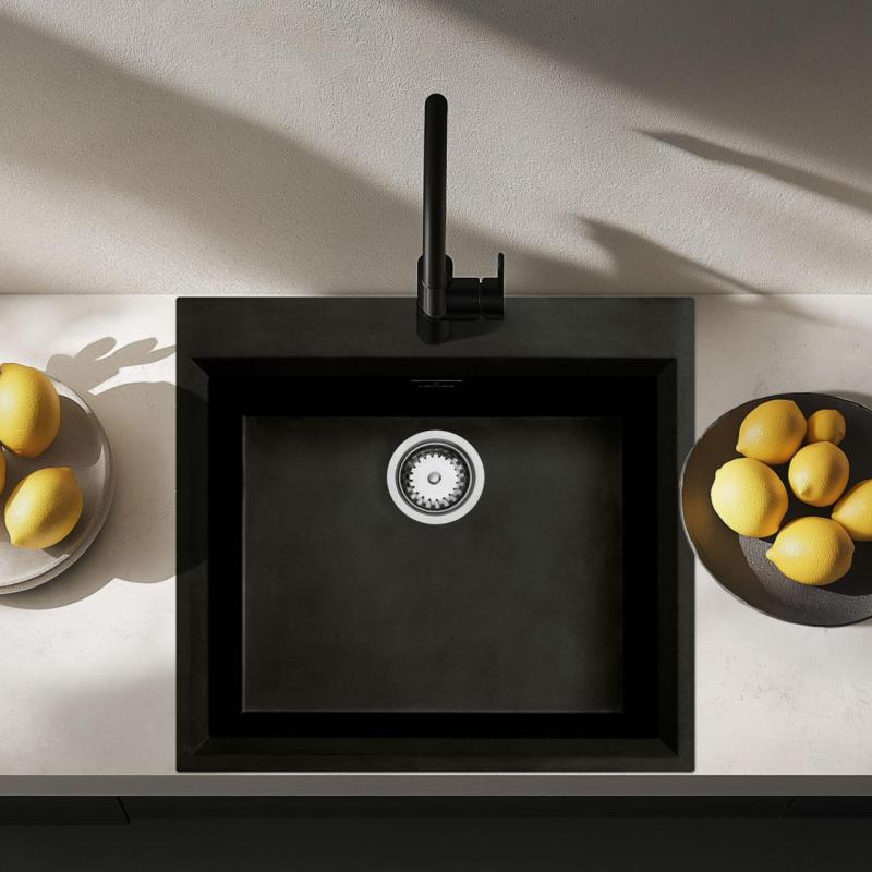 Lavello da incasso nero 58x53 cm con foro per rubinetto e tappo in acciaio inox 1208956732