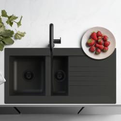 Ausmann Fibre 1,5 lavello in plastica nera reversibile con scolapiatti montaggio sopra il piano 100x50 cm con tappo nero 1208956784