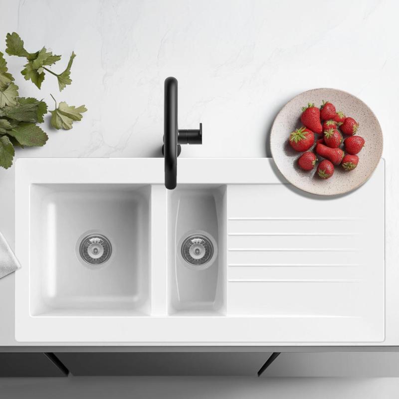 Ausmann Fibre 1,5 lavello in plastica bianca reversibile con scolapiatti montaggio sopra il piano 100x50 cm 1208956786