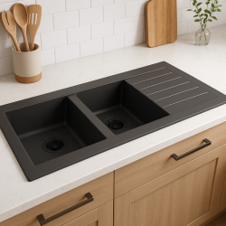 Ausmann Fibre Lavello doppio in plastica nera reversibile con scolapiatti montaggio sopra il piano 116x50 cm con tappo nero 1208956790