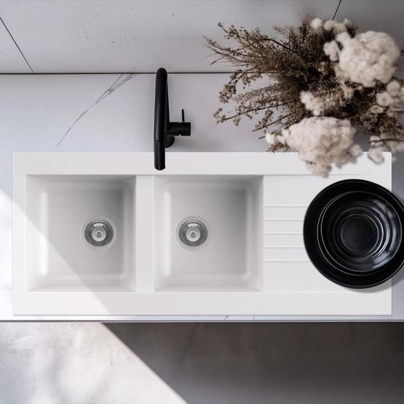 Ausmann Fiber Lavello doppio in plastica bianco reversibile con scolapiatti montaggio sopra il piano 116x50 cm 1208956794