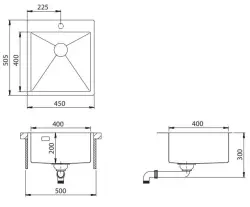 Ausmann Turt Lavello in acciaio inossidabile 450x505mm con foro per rubinetto montaggio a filo e sopra il piano 1208956941