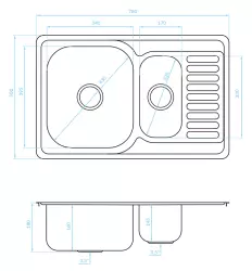 Ausmann Basic Lavello in acciaio inossidabile 1,5 vasche con scolapiatti reversibile montaggio sopra il piano 78x50 cm sifone incluso 1208956970