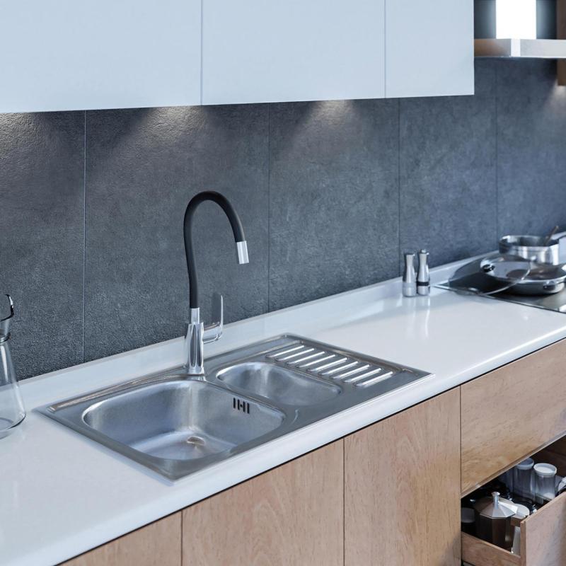 Ausmann Basic Lavello in acciaio inossidabile 1,5 vasche con scolapiatti reversibile montaggio sopra il piano 78x50 cm sifone incluso 1208956970