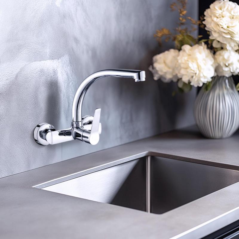 AquaTrimo Chopin Rubinetto da cucina a parete con beccuccio superiore cromato 21CP7073CM