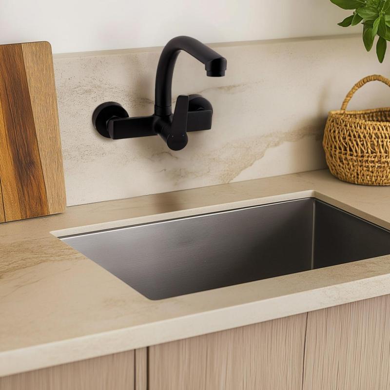 AquaTrimo Chopin Rubinetto da cucina a parete con beccuccio superiore nero opaco 21CP7073SW