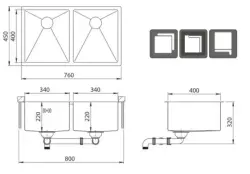 Ausmann Oder Lavello doppio in acciaio inossidabile 76x45cm con 2 vasche 34x40cm montaggio a filo sopra e sotto piano extra profondo 22cm 1208957116