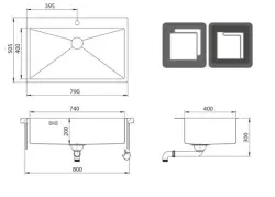 Ausmann Oder Blue lavello grande in acciaio inossidabile 79x50cm montaggio a filo e sopra piano con foro per rubinetto 1208957119